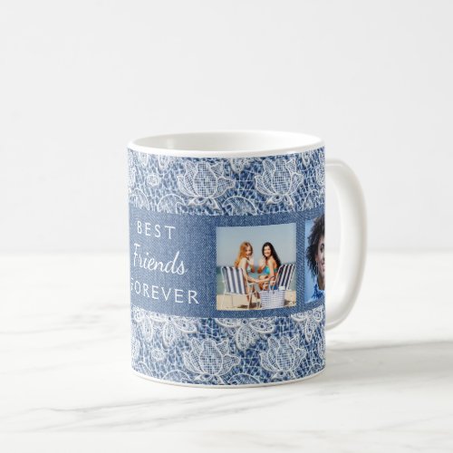 Friends forever photo collage blue denim lace coffee mug