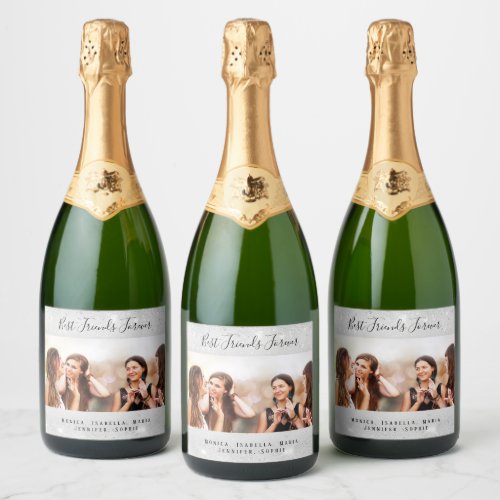 Friends forever photo silver glitter names sparkling wine label