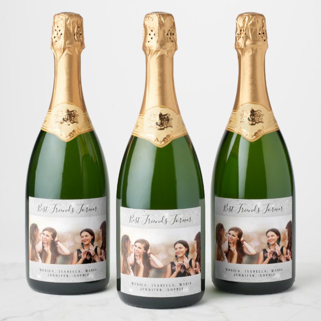 Friends forever photo silver glitter names sparkling wine label (Bottles)