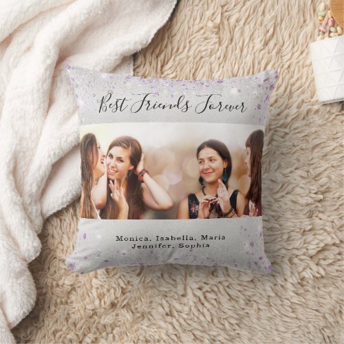 Friends forever photo silver purple glitter throw pillow