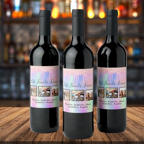 Friends forever pink purple glitter photo wine label