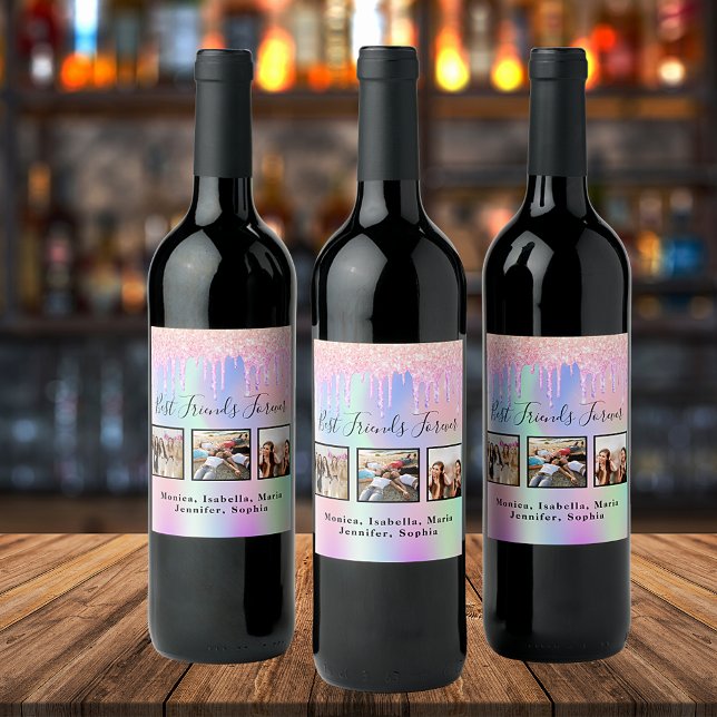 Friends forever pink purple glitter photo wine label (Creator Uploaded)
