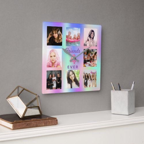 Friends forever pink purple mint photo collage square wall clock