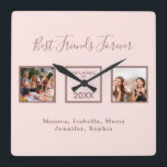 Friends forever rose gold names photo square wall clock<br><div class="desc">A gift for your best friend(s) for birthdays, Christmas or a special event. Dark rose gold colored text: Best Friends Forever, written with a trendy hand lettered style script. Personalize and use 2 of your own photos, your names, a year and a place or a name of an event, memory....</div>