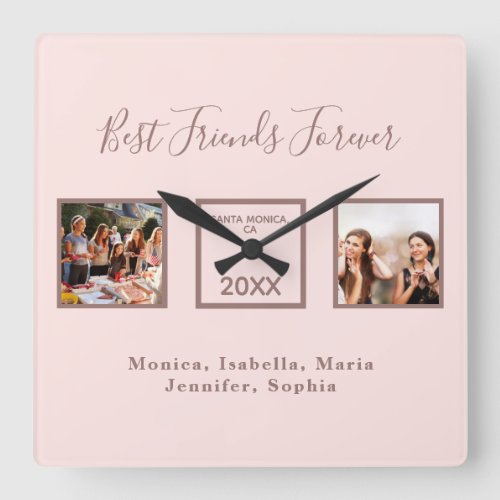 Friends forever rose gold names photo square wall clock