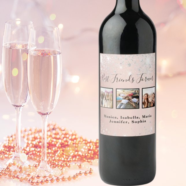 Friends forever rose gold silver photo wine label (Creator Uploaded)