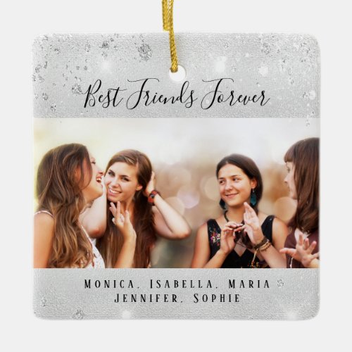 Friends forever silver glitter photo ceramic ornament