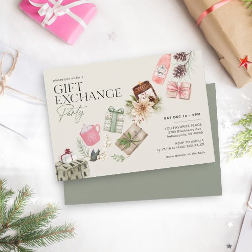 Friends Gift Exchange Green Holiday Party Invitation
