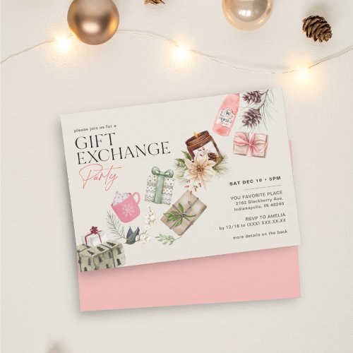 Friends Gift Exchange Pink Holiday Party Invitation
