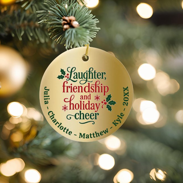 Friends gold red green typography Christmas Ceramic Ornament (Creator Uploaded)