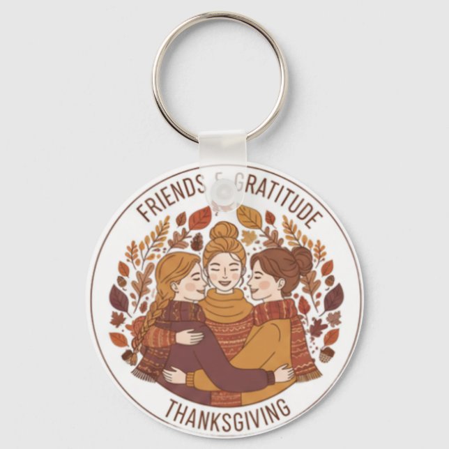 Friends & Gratitude Hugging Girls | Thanksgiving  Keychain (Front)