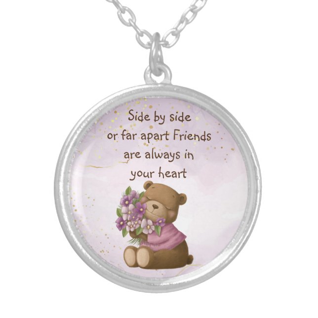 Friends in your Heart Quote Bear Animal Humor Silver Plated Necklace (Front)