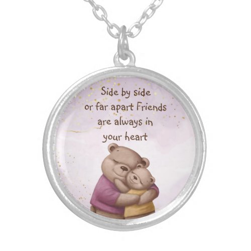 Friends in your Heart Quote Bears Animal Humor  Silver Plated Necklace