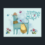 Friends Make The World Beautiful Cute Dog Cat Postcard<br><div class="desc">Could be for a birthday or Thank You ... or Just Because. After all, who needs a reason to send lovely words to a friend! This design is an illustration of a cute dog supporting his little cat friend. The uplifting typography Friends Make The World Beautiful and floral, butterfly and...</div>