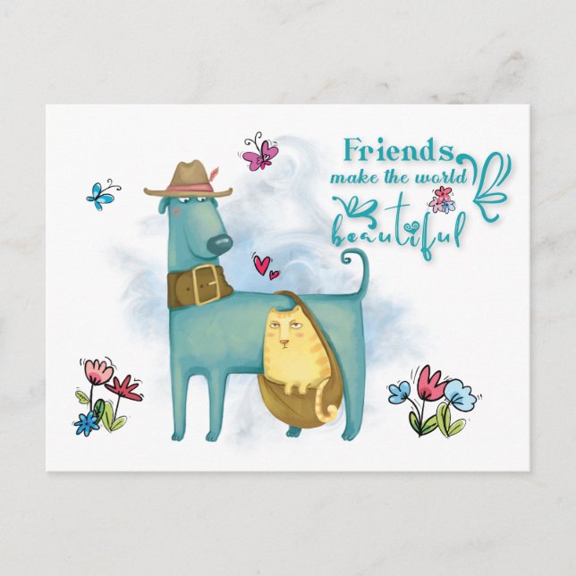 Friends Make The World Beautiful Dog Cat white Postcard (Front)