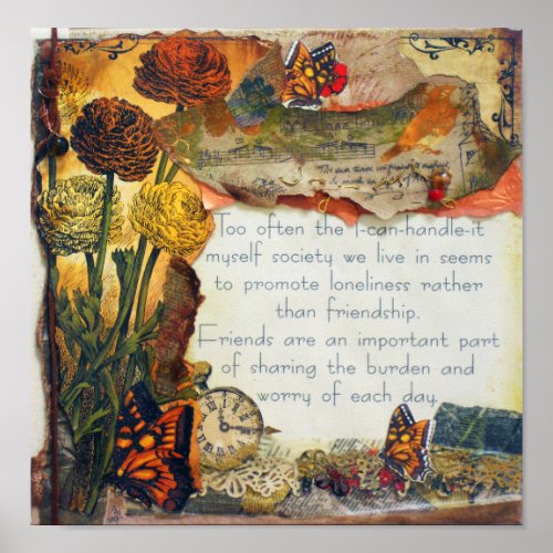 Friends Mixed Media Butterflies Flowers Collage Poster
