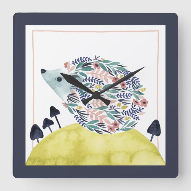 Friends of Clementine | Folk Art Hedge Hog Square Wall Clock (Front)
