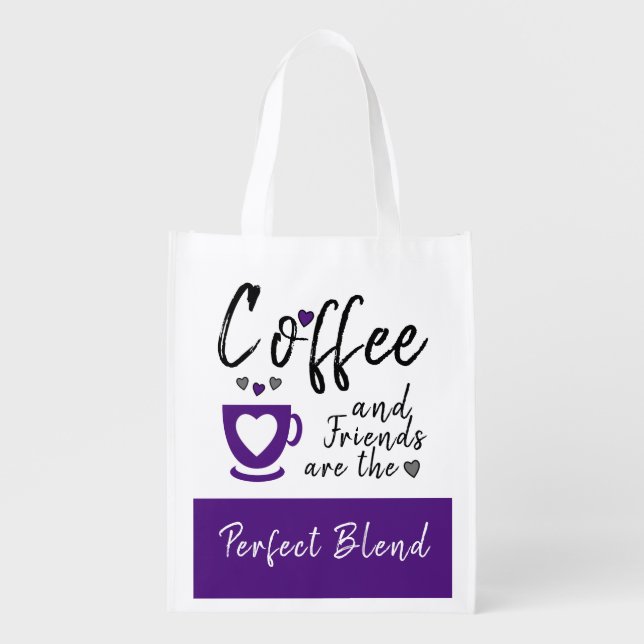 Friends perfect blend white purple coffee grocery bag (Front)