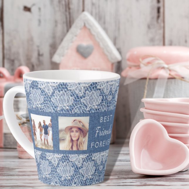 Friends photo collage blue denim lace  latte mug (Creator Uploaded)