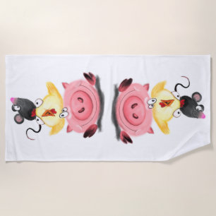 Friends Pig Chicken and Mouse Funny Beach Towel