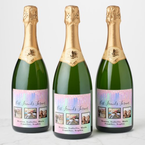 Friends pink holographic glitter drips photo sparkling wine label