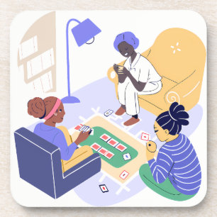 Friends Playing Cards Together Indoors Beverage Coaster