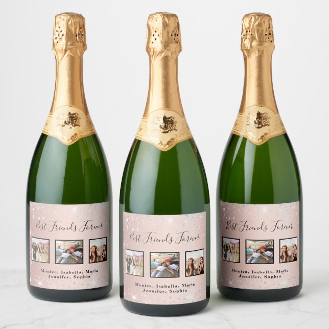 Friends rose gold silver glitter photo sparkling wine label (Bottles)
