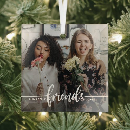 Friends Script Modern Photo  Glass Ornament