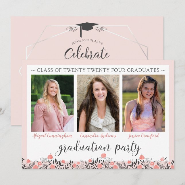 Friends Siblings Graduation Party Blush Floral Invitation (Front/Back)