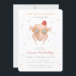 Friends T.V. Series | Turkey First Birthday Invitation<br><div class="desc">Celebrate your upcoming birthday with the FRIENDS™ 'Turkey Chalkboard Birthday Invitation'. Inspired by the beloved TV show, this invitation adds a touch of humor and nostalgia to your special event. Featuring the iconic turkey with sunglasses and a fez, reminiscent of Monica's unforgettable Thanksgiving moment, set against a chalkboard background, this...</div>