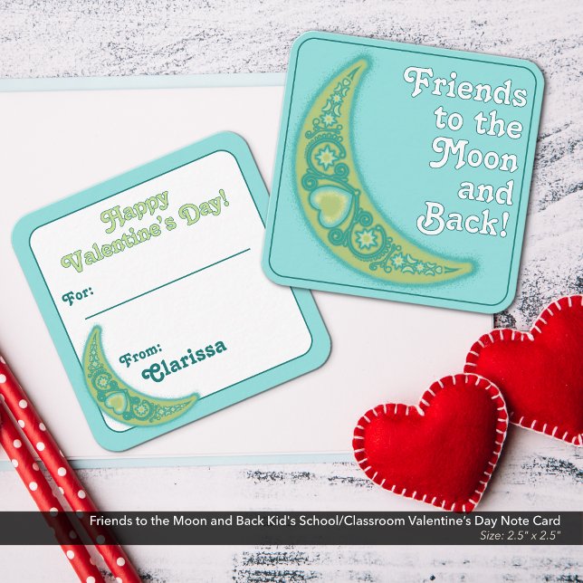 Friends to the Moon Kid's School Valentine's Day Note Card (Friends to the Moon and Back Kid's School/Classroom Valentine's Day Card)