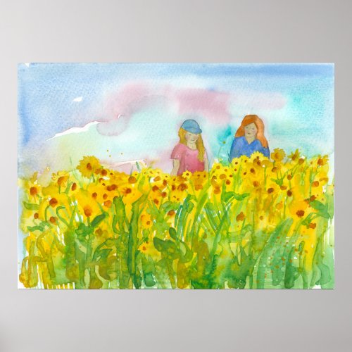 Friends Women Walking Sunrise Sunflower Fields Poster