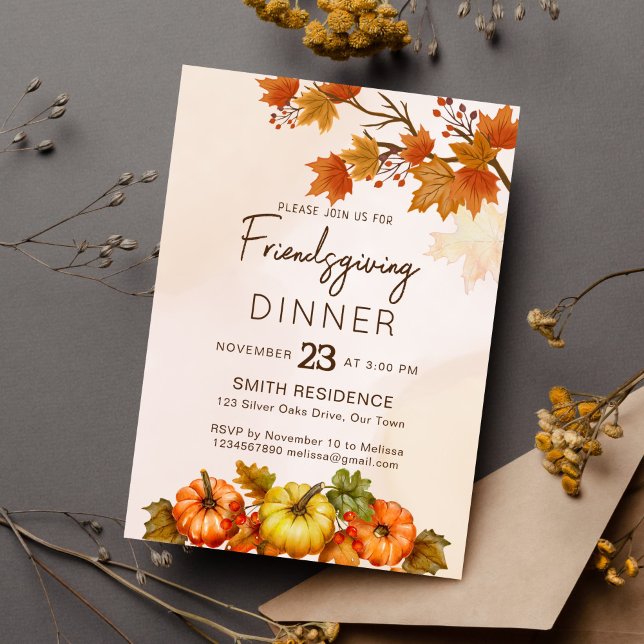 Friendsgivig Thanksgiving fall foliage pumpkins Invitation (Freindsgiving thanksgiving dinner party invitation template instant download autumn foliage pumpkins)