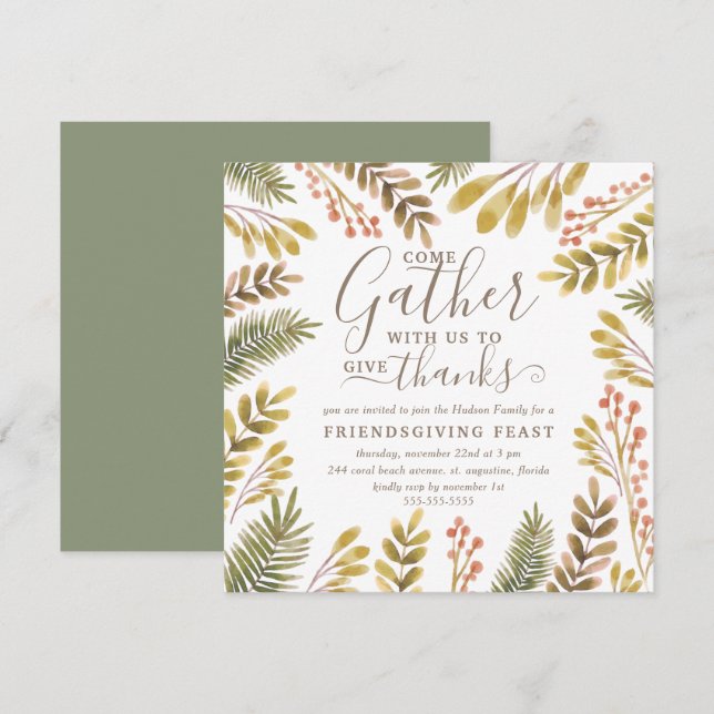 Friendsgiving Autumn Greenery Watercolor Wreath Invitation (Front/Back)