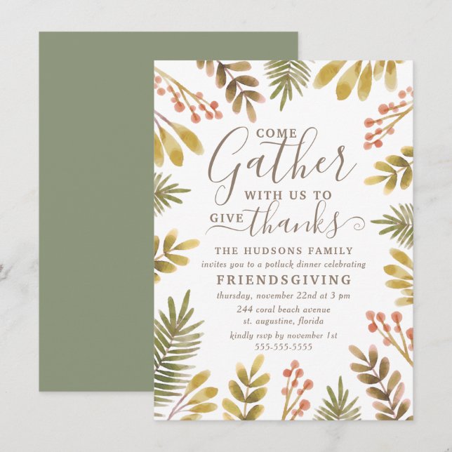 Friendsgiving Autumn Greenery Watercolor Wreath Invitation (Front/Back)