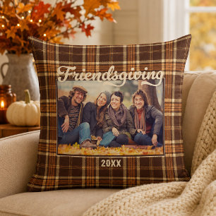 Friendsgiving Autumn Rustic Plaid Photo Throw Pillow
