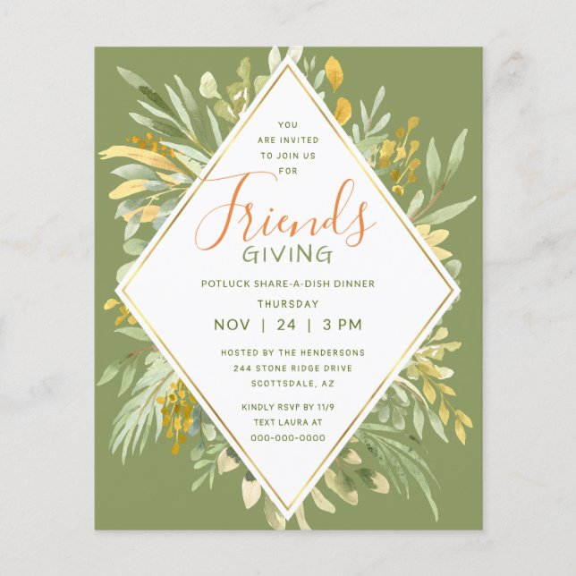 Friendsgiving Budget Gold Greenery Invitation (Front)