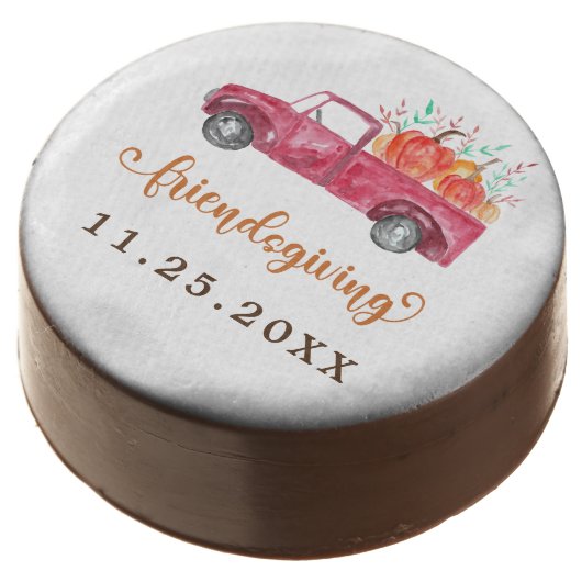 Friendsgiving Calligraphy Red Truck Pumpkins Cute Chocolate Covered Oreo (Angled)