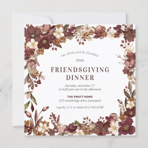 Friendsgiving Dinner Burgundy Mauve White Floral Invitation