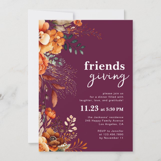Friendsgiving dinner classy burgundy floral  invitation (Front)
