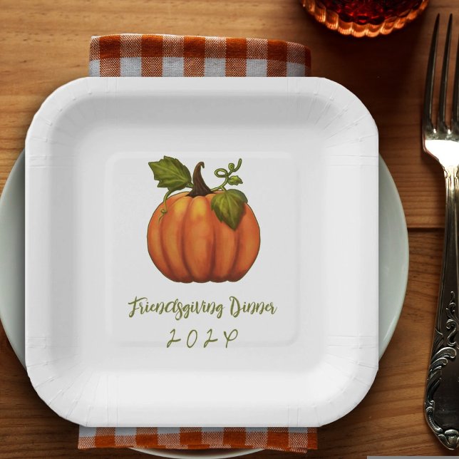 Friendsgiving Dinner Dated Pumpkin Paper Plates (Creator Uploaded)