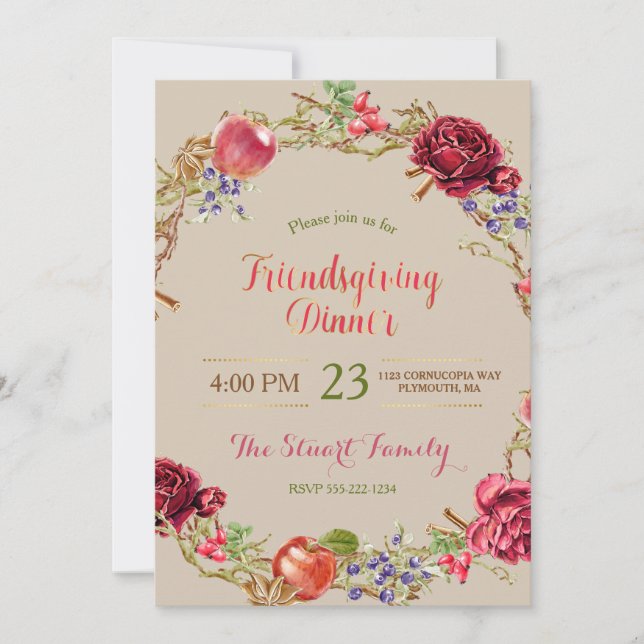 Friendsgiving Dinner Fall Apples Cinnamon Roses Invitation (Front)