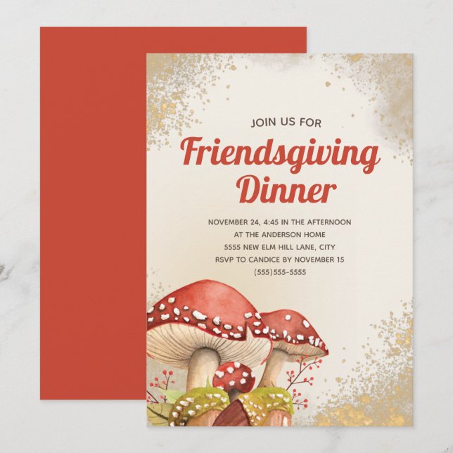 Friendsgiving Dinner Fall Autumn Red Mushroom Gold Invitation (Front/Back)