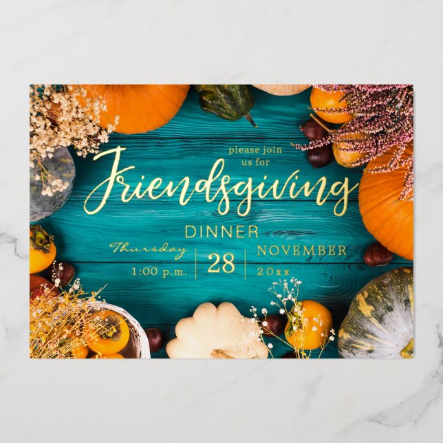 Friendsgiving Dinner Feast Blue Pumpkin Foil Invitation (Front)
