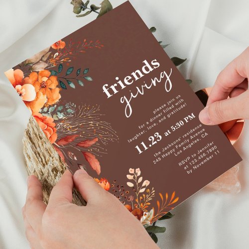 Friendsgiving dinner floral brown invitation