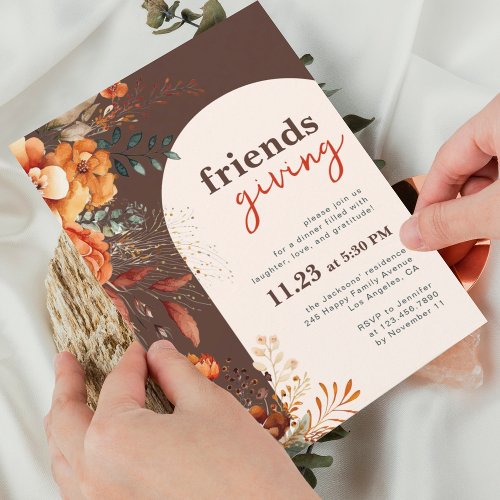 Friendsgiving dinner floral white arch brown invitation