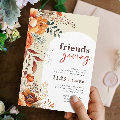 Friendsgiving dinner floral white arch invitation