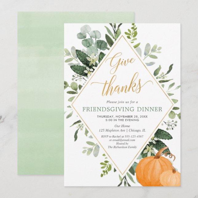 Friendsgiving dinner greenery green leaves gold invitation (Front/Back)
