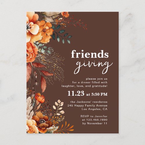 Friendsgiving dinner invitation autumnal floral postcard