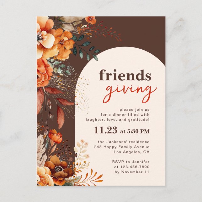 Friendsgiving dinner invitation autumnal floral postcard (Front)